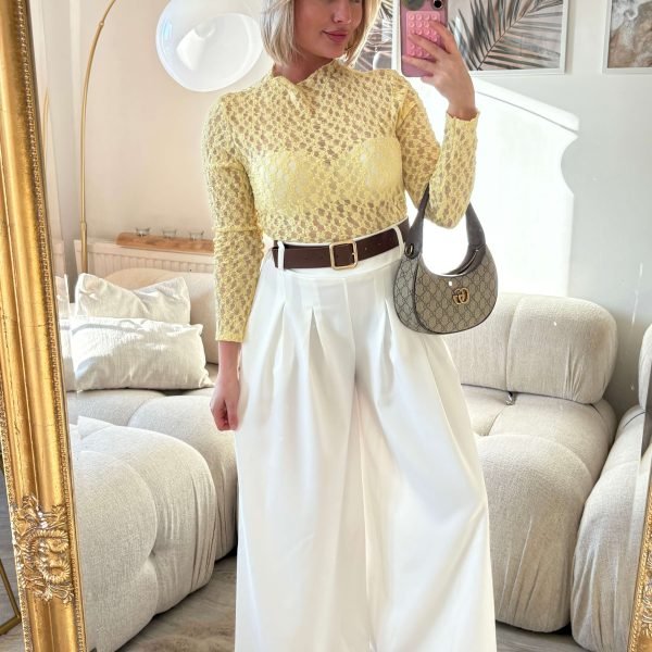 Pantalon fluide patte d'éléphant Blanc avec ceinture