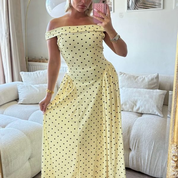 Robe Jaune longue col bardot à pois