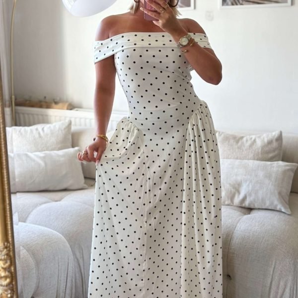 Robe Blanche longue col bardot à pois Blanche